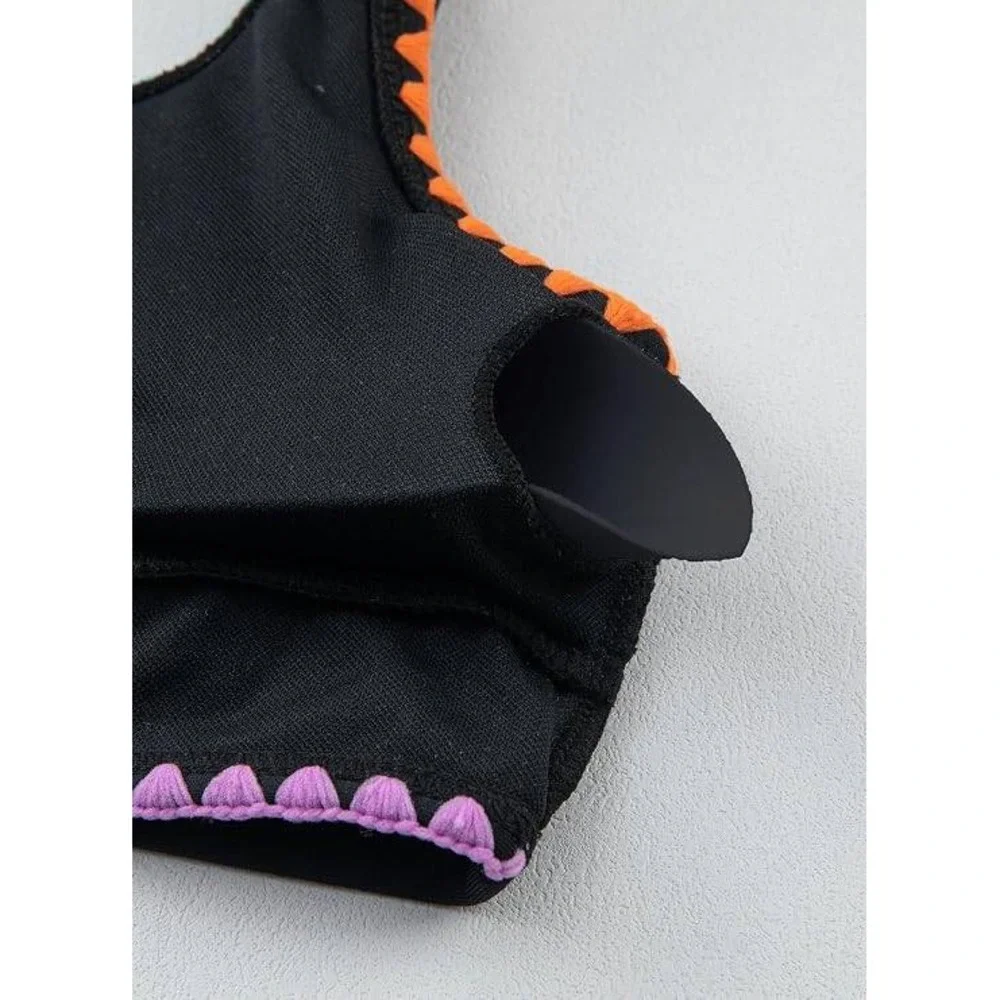 Girls Black High Waisted Bikini Set Neon Rickrack Trim Size 12Y-13Y 2XL